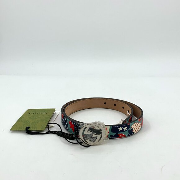 H18724 Gucci color matching strawberry print logo smooth buckle belt 2*72cm new - Picture 1 of 6